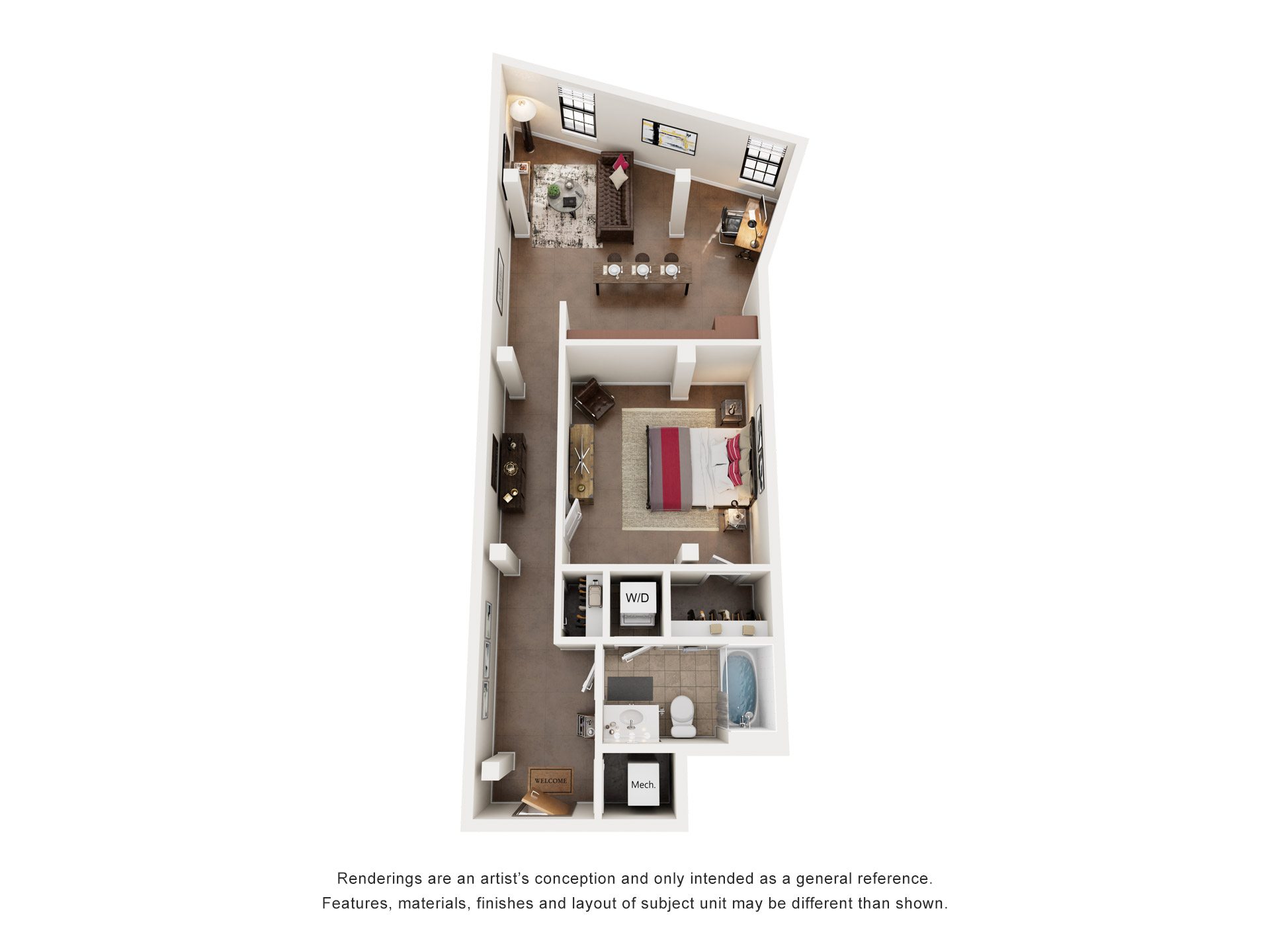 Floor plan for 1 bed, 1 bath, 737 sqft